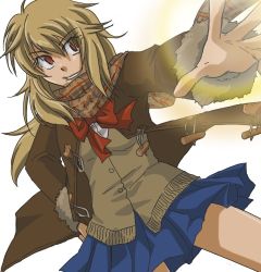 Rule 34 | 1girl, bad id, bad pixiv id, blonde hair, blue skirt, bow, bowtie, brown eyes, coat, coppelion, glowing, long hair, lowres, miniskirt, ozu kanon, phantom rider, pleated skirt, scarf, simple background, skirt, solo, sweater vest, white background