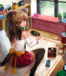 Rule 34 | 1girl, bare shoulders, black thighhighs, book, book stack, bookshelf, box, box of chocolates, bra strap, braid, brown eyes, camera, candle, cellphone, chest of drawers, detached sleeves, from above, from behind, handheld game console, indoors, long hair, long sleeves, looking at viewer, looking back, no shoes, open mouth, original, pen, phone, picture frame, pillow, plant, playstation vita, pleated skirt, ponytail, potted plant, red skirt, rug, sash, scrunchie, single braid, sitting, skirt, sl86, smartphone, solo, stuffed animal, stuffed toy, teddy bear, thighhighs, trash can, wariza, window, wooden floor, zettai ryouiki