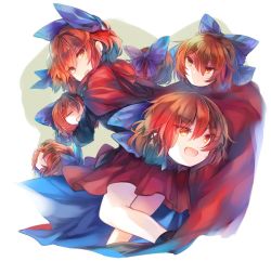 Rule 34 | 1girl, black shirt, blue bow, bow, cape, disembodied head, hair between eyes, hair bow, kutsuki kai, looking at viewer, multiple heads, open mouth, red cape, red eyes, red hair, red ribbon, red skirt, ribbon, ribbon-trimmed bow, sekibanki, shirt, short hair, skirt, smile, solo, touhou, white background