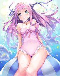 Rule 34 | 1girl, blush, candy, candy hair ornament, cloud, collarbone, earrings, food, food-themed hair ornament, hair ornament, heterochromia, highres, himemori luna, hololive, jewelry, long hair, looking at viewer, mogmog, one-piece swimsuit, pink hair, sky, smile, solo, swimsuit, thighs, virtual youtuber