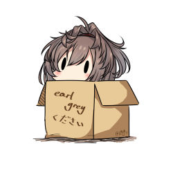 Rule 34 | 1girl, box, brown hair, cardboard box, commentary, hair between eyes, hatsuzuki 527, in box, in container, kantai collection, long hair, sheffield (kancolle), simple background, solid oval eyes, solo, translated, twitter username, white background