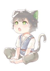 Rule 34 | + +, 1boy, 3491341507, absurdres, animal ears, barefoot, black hair, black pants, blush, cat boy, cat ears, cat tail, fang, green eyes, highres, luo xiaohei, luo xiaohei (human), luo xiaohei zhanji, male focus, open mouth, pants, short eyebrows, short hair, short sleeves, simple background, solo, tail, white background