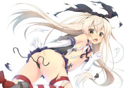 Rule 34 | 10s, 1girl, aoi aruma, aruma (almax), ass, black panties, blonde hair, butt crack, chestnut mouth, elbow gloves, gloves, hairband, kantai collection, long hair, open mouth, panties, personification, rensouhou-chan, shimakaze (kancolle), side-tie panties, skirt, striped clothes, striped thighhighs, thighhighs, torn clothes, underwear, untied, white gloves