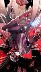 Rule 34 | 1boy, amamiya ren, bad id, bad pixiv id, black hair, black jacket, boots, building, calling card, city, dagger, falling, gloves, holding, holding dagger, holding knife, holding mask, holding weapon, jacket, knife, long sleeves, male focus, mask, pants, persona, persona 5, red eyes, red gloves, smile, solo, sparkle, weapon, yuu (isis7796)