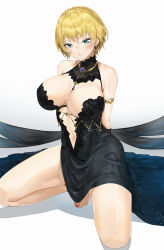 Rule 34 | 1girl, absurdres, arms behind back, black dress, blonde hair, blue eyes, blush, breasts, cleavage, cleavage cutout, clothing cutout, dress, earrings, girls&#039; frontline, highres, jewelry, large breasts, looking at viewer, mole, mole on breast, mole under eye, nail polish, navel, necklace, pixel (yuxian), revealing clothes, shadow, short hair, simple background, solo, squatting, thighs, vsk-94 (girls&#039; frontline), vsk-94 (night on the silver bay) (girls&#039; frontline), white background