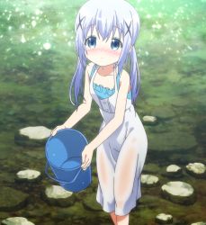 Rule 34 | 1girl, bare shoulders, blue bra, blue eyes, blue hair, blush, bra, breasts, bucket, buttons, child, dress, embarrassed, frills, gochuumon wa usagi desu ka?, gradient hair, hair ornament, hair tie, hairclip, highres, holding, kafuu chino, long hair, looking at viewer, low twintails, matching hair/eyes, multicolored hair, nose blush, outdoors, purple hair, rock, screencap, see-through, sidelocks, sleeveless, sleeveless dress, small breasts, solo, sparkle, standing, stitched, stream, sundress, tears, third-party edit, training bra, twintails, underwear, water, wet, wet clothes, wet dress, white hair, x hair ornament