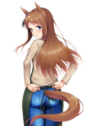 Rule 34 | 1girl, adjusting apron, animal ears, apron, arms behind back, blue eyes, blue pants, blue ribbon, blush, bow, closed mouth, commentary request, denim, ear ribbon, from behind, grass wonder (umamusume), green apron, henria, highres, horse ears, horse girl, horse tail, jeans, long sleeves, looking at viewer, looking back, pants, ribbed sweater, ribbon, simple background, smile, solo, sweater, tail, umamusume, white background, white sweater