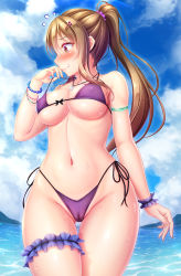 Rule 34 | 1girl, arm at side, armband, bead bracelet, beads, bikini, blue sky, blush, bracelet, breasts, bridal garter, brown hair, cameltoe, closed mouth, cloud, commentary request, covered erect nipples, cowboy shot, day, flying, hair ornament, hair scrunchie, hairclip, highleg, highleg bikini, highres, hiro (725611), jewelry, long hair, looking away, looking to the side, medium breasts, navel, necklace, ocean, original, outdoors, ponytail, purple bikini, scrunchie, shell, shell necklace, side-tie bikini bottom, sidelocks, sky, solo, standing, stomach, strap pull, sunlight, swimsuit, thigh gap, thighs, underboob, wrist scrunchie