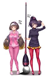 Rule 34 | 2girls, absurdres, black hair, black sweater, blunt bangs, blush, breasts, cellphone, contemporary, drawing tablet, fate/grand order, fate (series), flower, full body, gradient hair, hair bobbles, hair ornament, hairband, highres, hitotsuki nebura, hood, hoodie, katsushika hokusai (fate), long hair, low twintails, medium breasts, multicolored hair, multiple girls, octopus, osakabehime (fate), paintbrush, pants, pantyhose, phone, pink eyes, pink sweater, ponytail, purple eyes, red legwear, ribbed sweater, sandals, short hair, simple background, skirt, sleeves rolled up, slippers, smile, sweater, sweatpants, turtleneck, turtleneck sweater, twintails, white background, yellow skirt