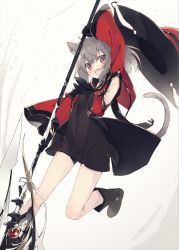 Rule 34 | 1girl, animal ears, arm up, armpit cutout, armpits, black dress, black footwear, blush, boots, clothing cutout, dress, full body, grey hair, highres, holding, holding weapon, knee boots, long sleeves, looking at viewer, nagishiro mito, open mouth, original, polearm, red eyes, short dress, side slit, sidelocks, smile, solo, tail, weapon, wide sleeves
