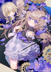 absurdres argyle_clothes argyle_dress black_cape black_hat black_jacket blush brown_hair cape chibi chibi_inset chinese_commentary closed_mouth clothing_cutout commentary_request cropped_legs doll_joints dress flower frown gears grey_dress hat hat_flower herta_(honkai:_star_rail) highres honkai:_star_rail honkai_(series) jacket joints long_hair looking_at_viewer open_mouth outline purple_eyes purple_flower saucer_(saucer752) shoulder_cutout smile stelle_(honkai:_star_rail) trailblazer_(honkai:_star_rail) yellow_eyes