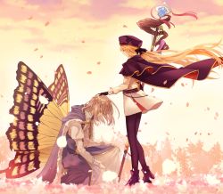Rule 34 | 1boy, 1girl, absurdres, artoria caster (fate), artoria caster (second ascension) (fate), artoria pendragon (fate), black gloves, blonde hair, blue headwear, boots, butterfly wings, cape, cloak, coat, crown, evening, fate/grand order, fate (series), flower, from side, full body, fur-trimmed cape, fur trim, gloves, hand on another&#039;s head, hat, highres, holding, holding staff, insect wings, kneeling, long hair, morita yuu, oberon (fate), on one knee, pantyhose, petals, robe, silver hair, skirt, staff, two-sided fabric, very long hair, wind, wind lift, wings