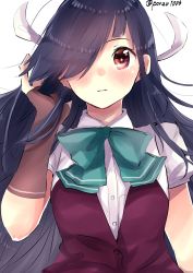 Rule 34 | 1girl, absurdres, black hair, brown eyes, brown gloves, fingerless gloves, gloves, green neckwear, hair over one eye, hair ribbon, hayashimo (kancolle), highres, kantai collection, long hair, looking at viewer, one-hour drawing challenge, original remodel (kantai collection), ponzutakowasa, purple vest, ribbon, school uniform, shirt, short sleeves, simple background, solo, twitter username, upper body, very long hair, vest, white background, white shirt