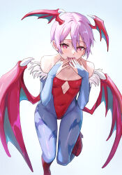 Rule 34 | 1girl, absurdres, animal print, bare shoulders, bat print, bat wings, blue pantyhose, breasts, bridal gauntlets, covering own mouth, demon girl, diamond cutout, gradient background, head wings, highres, kuza brs, leotard, lilith aensland, low wings, pantyhose, print pantyhose, purple hair, red eyes, red footwear, red leotard, short hair, small breasts, solo, strapless, strapless leotard, vampire (game), wings