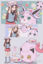 Rule 34 | 1girl, 343rone, :d, absurdres, brown eyes, brown hair, closed eyes, closed mouth, clothed pokemon, commentary request, creatures (company), evolutionary line, game freak, gen 1 pokemon, gen 2 pokemon, hands on headwear, hat, hat ribbon, highres, igglybuff, jigglypuff, leaf (pokemon), long hair, loose socks, musical note, nintendo, open mouth, pleated skirt, pokemon, pokemon (creature), pokemon frlg, pokemon unite, ribbon, scream tail, shirt, shoes, skirt, sleeveless, sleeveless shirt, smile, socks, spoken character, standing, white footwear, white headwear, wigglytuff