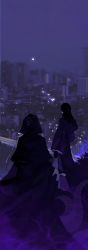 Rule 34 | 0817-0305, 2boys, black gloves, bush, cane, chinese commentary, city, city lights, cloak, commentary request, dark, from behind, full moon, gloves, highres, holding, holding cane, hood, hooded cloak, klein moretti, looking afar, lord of the mysteries, moon, multiple boys, night, night sky, sky, tentacles, tentacles under clothes