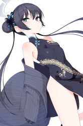 1girl absurdres bare_shoulders black_dress black_gloves black_hair blue_archive blush breasts butterfly_hair_ornament china_dress chinese_clothes closed_mouth coat commentary_request dragon_print dress gloves grey_coat grey_eyes grey_halo hair_bun hair_ornament halo highres isocha kisaki_(blue_archive) long_hair long_sleeves looking_at_viewer off_shoulder pelvic_curtain pinstripe_pattern print_dress simple_background sleeveless sleeveless_dress small_breasts solo twintails white_background