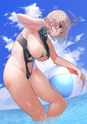 Rule 34 | 1girl, absurdres, ahoge, ball, beachball, blue sky, breasts, cloud, commission, day, grey hair, highres, j2m raiden (personification), large breasts, leaning forward, looking at viewer, mc axis, navel, ocean, outdoors, purple eyes, revealing clothes, ringobatake, short hair, sideboob, skeb commission, sky, solo, standing, summer, thighs, wading, wet