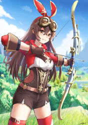 Rule 34 | 1girl, aiming, amber (genshin impact), arrow (projectile), blue sky, blush, bow (weapon), brown gloves, brown shorts, closed mouth, cloud, cowboy shot, day, genshin impact, gloves, goggles, goggles on head, grass, hair ribbon, highres, holding, holding weapon, legs apart, long hair, long sleeves, looking at viewer, nyanko960121, orange eyes, outdoors, red ribbon, red thighhighs, ribbon, short shorts, shorts, sky, smile, solo, standing, thighhighs, tree, vegetation, weapon