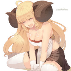 Rule 34 | 10s, 1girl, ahoge, anila (granblue fantasy), artist name, bare arms, bare shoulders, blonde hair, blunt bangs, blush, breasts, brown skirt, cleavage, closed eyes, crying, draph, eyebrows, gloves, granblue fantasy, horns, large breasts, long hair, pleated skirt, ribbon-trimmed skirt, ribbon trim, shiny skin, simple background, skirt, solo, spread legs, strapless, sts, teardrop, tears, thick eyebrows, thighhighs, very long hair, white background, white gloves, white thighhighs, zettai ryouiki