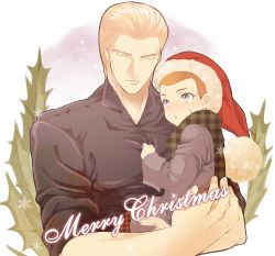 Rule 34 | 2boys, aged down, albert wesker, bad id, bad pixiv id, blonde hair, blue eyes, carrying, child, child carry, father and son, hat, jake muller, kiricloud, merry christmas, multiple boys, orange hair, resident evil, resident evil 6, santa hat, scar, time paradox, unmoving pattern