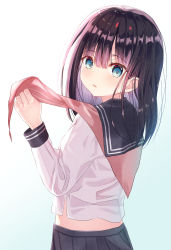 Rule 34 | 1girl, backlighting, black hair, black sailor collar, black skirt, blue background, blue eyes, blush, commentary request, gradient background, hair between eyes, highres, long hair, long sleeves, looking at viewer, looking to the side, mimikaki (men bow), neckerchief, original, parted lips, pleated skirt, red neckwear, sailor collar, school uniform, serafuku, shirt, skirt, solo, undone neckerchief, white background, white shirt