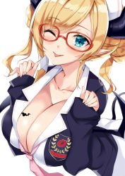 Rule 34 | 1girl, asymmetrical hair, bat tattoo, bespectacled, black jacket, blue eyes, blush, breast tattoo, breasts, cleavage, closed mouth, collarbone, commentary, demon horns, demon wings, double bun, eyelashes, glasses, hair bun, hair ribbon, hat, hololive, horns, jacket, kosuke (bb), large breasts, long hair, looking at viewer, necktie, nurse cap, official alternate costume, one eye closed, parted bangs, pink necktie, pointy ears, red-framed eyewear, ribbon, shirt, sidelocks, simple background, sleeves past wrists, smile, solo, swept bangs, tattoo, tongue, tongue out, upper body, virtual youtuber, white background, white hat, white ribbon, white shirt, wings, yuzuki choco, yuzuki choco (nurse)