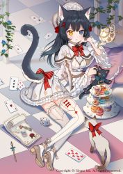 Rule 34 | 1girl, ace (playing card), ace of diamonds, ace of hearts, ace of spades, animal, animal ears, arm support, bad id, bad pixiv id, black hair, blue eyes, blue flower, blush, bonnet, bow, breasts, brown footwear, capelet, card, cat, cat ears, cat girl, cat tail, checkered floor, club (shape), collared shirt, cookie, diamond (shape), dice, dress, dress shirt, flower, food, frilled pillow, frills, hair bow, hair ornament, hat, heart, high heels, laurelfalcon, long hair, long sleeves, looking at viewer, medium breasts, official art, on floor, panties, parted lips, pillow, playing card, pleated dress, red bow, shirt, sid story, solo, spade (shape), striped, striped bow, stuffed animal, stuffed cat, stuffed toy, tail, teapot, thighhighs, tiered tray, underwear, white capelet, white cat, white dress, white hat, white shirt, white thighhighs, wide sleeves, witch, x hair ornament