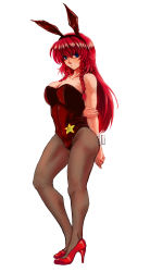 Rule 34 | 1girl, alternate costume, animal ears, arms behind back, blue eyes, braid, breasts, from side, full body, hairband, high heels, highres, hong meiling, koyubi (littlefinger1988), large breasts, leotard, long hair, looking at viewer, off shoulder, pantyhose, playboy bunny, pouty lips, rabbit ears, red hair, simple background, solo, touhou, twin braids