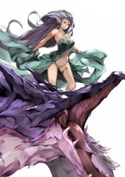 Rule 34 | 10s, 1girl, akiha (attract), bad id, bad pixiv id, bare shoulders, dragon, granblue fantasy, legband, navel, official style, open mouth, pointy ears, red eyes, silver hair, solo, standing, thigh strap, tiamat (granblue fantasy), white background