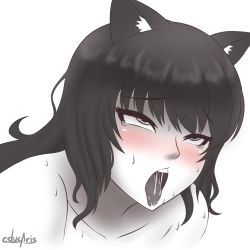 Rule 34 | 1girl, ahegao, blake belladonna, blush, cslucaris, drooling, female focus, monochrome, naughty face, nude, rolling eyes, rwby, sexually suggestive, simple background, solo, spot color, sweat, tongue, tongue out, white background