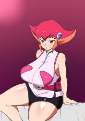 Rule 34 | ! zexal, 1girl, :o, arm support, bare legs, bed, blush, breasts, bulge, dd (artist), dd (giogio99), highres, huge breasts, kouzuki anna, large breasts, looking to the side, medium hair, multicolored hair, on bed, orange hair, pants, plump, pointy hair, red hair, shirt, simple background, sitting, sleeveless, sleeveless shirt, solo, sweat, two-tone hair, yellow eyes, yoga pants, yu-gi-, yu-gi-oh!