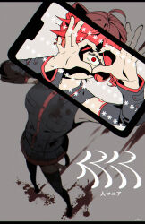 Rule 34 | blood, blood splatter, boots, collared shirt, constricted pupils, detached sleeves, drill hair, from above, grey background, heart, heart hands, heart hands over eye, highres, kasane teto, long sleeves, looking at viewer, napio, pleated skirt, red eyes, red hair, shirt, skirt, sleeveless, sleeveless shirt, thigh boots, translation request, twin drills, utau