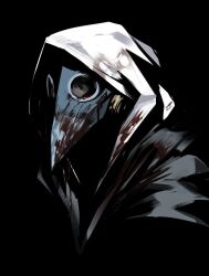 Rule 34 | 1boy, beak, black background, black jacket, blood, blood on clothes, blood on mask, chainsaw man, dark background, facing to the side, grey hoodie, heartbreak juan, highres, hood, hoodie, jacket, male focus, plague doctor mask, simple background, solo, violence fiend (chainsaw man)