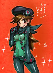 Rule 34 | 10s, 1girl, artist request, beret, blush, bodysuit, brown eyes, brown hair, curvy, embarrassed, evangelion: 3.0 you can (not) redo, hat, highres, long hair, neon genesis evangelion, plugsuit, rebuild of evangelion, scarf, shiny clothes, solo, suzuhara sakura, test plugsuit