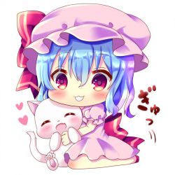 Rule 34 | 1girl, :d, ^ ^, animal, back bow, blue hair, blush, bow, cat, chibi, chocolat (momoiro piano), closed eyes, commentary request, dress, fang, full body, hair between eyes, hat, hat bow, heart, long hair, mob cap, open mouth, pink dress, pink hat, puffy short sleeves, puffy sleeves, red bow, red eyes, red footwear, remilia scarlet, short sleeves, smile, solo, touhou