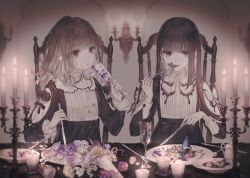 Rule 34 | 2girls, black bow, black flower, bow, bug, butterfly, candle, commentary request, cup, eating, flower, fork, frilled sleeves, frills, insect, knife, long eyelashes, long hair, long sleeves, looking at viewer, multiple girls, muted color, original, parted lips, petals, plate, purple flower, sitting, upper body, vase, white flower, yoggi (stretchmen)