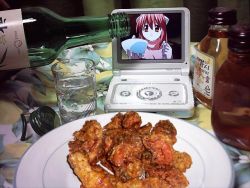 Rule 34 | 00s, 2d dating, alcohol, bird, chicken, chicken (food), elfen lied, food, horns, lonely, lucy (elfen lied), meal, no humans, nyuu, photo (medium)
