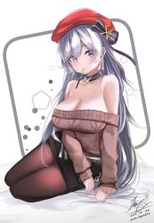 Rule 34 | 1girl, aran sweater, azur lane, bare shoulders, belfast (azur lane), belfast (shopping with the head maid) (azur lane), beret, black skirt, bow, breasts, brown pantyhose, brown sweater, cable knit, choker, cleavage, collarbone, dated, earrings, food, hair bow, hat, highres, hoop earrings, jewelry, large breasts, long hair, long sleeves, looking at viewer, mouth hold, off-shoulder sweater, off shoulder, pantyhose, pencil skirt, pocky, purple eyes, red hat, sidelocks, signature, silver hair, sitting, skirt, solo, sweater, teratsuki, very long hair, yokozuwari