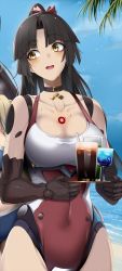 Rule 34 | 2girls, :d, android, beach, black choker, black hair, blue background, blue sky, blush, bow, breasts, character request, choker, covered navel, day, doko tetora, fate/grand order, fate (series), glass, hair bow, highres, holding, joints, katou danzou (fate), large breasts, long hair, mechanical arms, multiple girls, one-piece swimsuit, open mouth, out of frame, parted bangs, ponytail, red bow, red one-piece swimsuit, robot joints, sky, smile, solo focus, standing, swimsuit, ushiwakamaru (swimsuit assassin) (first ascension) (fate), yellow eyes