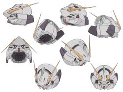 Rule 34 | advance of zeta, blue eyes, from behind, from below, from side, gundam, head only, highres, looking ahead, mecha, mecha kaku man, mobile suit, multiple views, no humans, robot, science fiction, tr-6 woundwort, v-fin, white background