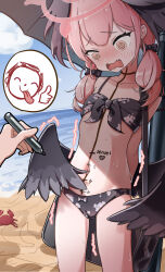 Rule 34 | 1girl, @ @, absurdres, beach umbrella, bikini, black ribbon, black wings, blue archive, blush, commentary request, crab, dick-o-meter, feathered wings, floral print, hair ribbon, halo, head wings, highres, holding, holding marker, koharu (blue archive), koharu (swimsuit) (blue archive), ld loc, marker, measuring, open mouth, penis measuring, pink eyes, pink hair, pink halo, print bikini, ribbon, sensei (blue archive), swimsuit, twintails, umbrella, wavy mouth, wings