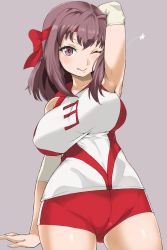 Rule 34 | 10s, 1girl, :q, arm up, armpits, blush, breasts, brown eyes, brown hair, collarbone, covered erect nipples, elbow pads, girls und panzer, headband, highres, hotate-chan, kondou taeko, large breasts, one eye closed, red shorts, shirt, short hair, short shorts, shorts, simple background, sleeveless, sleeveless shirt, smile, solo, sportswear, third-party edit, tongue, tongue out, volleyball uniform