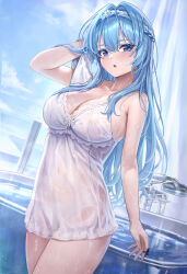 1girl :o absurdres after_bathing bathtub blue_eyes blue_hair blue_sky breasts cleavage commentary_request goddess_of_victory:_nikke helm_(nikke) helm_(post-shower_moment)_(nikke) highres holding holding_towel large_breasts long_hair looking_at_viewer nightgown official_alternate_costume panties panties_visible_through_clothes phusit see-through_nightgown sky towel underwear wet white_nightgown white_panties