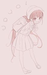Rule 34 | 1girl, :d, backpack, bag, blush, brown background, brown eyes, brown hair, collared shirt, commentary, copyright request, full body, hat, highres, jigatei (omijin), leaning forward, loafers, long hair, looking at viewer, monochrome, open mouth, pleated skirt, randoseru, shirt, shoes, simple background, skirt, smile, socks, solo, standing, symbol-only commentary, very long hair