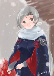 Rule 34 | 1girl, breasts, breath, chitose (kancolle), coat, dated, grey background, grey eyes, grey hair, headband, kantai collection, large breasts, long hair, ponytail, scarf, smile, snow, snowing, umbrella