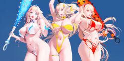 Rule 34 | 3girls, absurdres, armpits, arms up, bell, bikini, blonde hair, blue background, blue eyes, bracelet, breasts, choker, cleavage, club, club (weapon), contrapposto, cowboy shot, criss-cross halter, curvy, eye reflection, eyeliner, fangs, front-tie bikini top, front-tie top, gluteal fold, halterneck, highleg, highleg bikini, highres, horns, huge breasts, hyulla, jewelry, jingle bell, lips, long hair, looking at viewer, makeup, mole, mole on thigh, mole under mouth, multiple girls, nail polish, navel, neck bell, o-ring, o-ring swimsuit, one-piece swimsuit, open mouth, orange eyes, parted lips, red bikini, red eyes, reflection, ribbon choker, side-tie bikini bottom, sidelocks, simple background, single horn, skindentation, smile, spiked club, standing, swimsuit, thighs, weapon, white bikini, yellow one-piece swimsuit