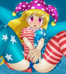 Rule 34 | 1girl, alternate legwear, american flag dress, ass, blonde hair, breasts, clownpiece, covering crotch, covering privates, dress, fairy wings, hat, jester cap, large breasts, long hair, looking at viewer, microdress, neck ruff, pink eyes, polka dot, school swimsuit, short sleeves, sitting, solo, spread legs, star (symbol), star print, striped clothes, striped dress, striped thighhighs, swimsuit, swimsuit under clothes, thighhighs, touhou, upskirt, wings, winn