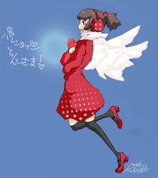 Rule 34 | 1girl, brown hair, color background, dress, earmuffs, female focus, full body, heart, kneehighs, mary janes, original, polka dot, polka dot dress, ponytail, red footwear, running, shoes, short hair, simple background, socks, solo, thighhighs, translation request, valentine, wings