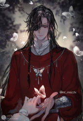 Rule 34 | 2boys, apartness07, artist name, black hair, braid, bug, butterfly, chinese clothes, collared shirt, earrings, eyepatch, hanfu, highres, hua cheng, insect, jewelry, long hair, long sleeves, male focus, multiple boys, out of frame, outstretched arms, red eyes, shirt, single braid, spread arms, standing, tianguan cifu, wide sleeves, xie lian